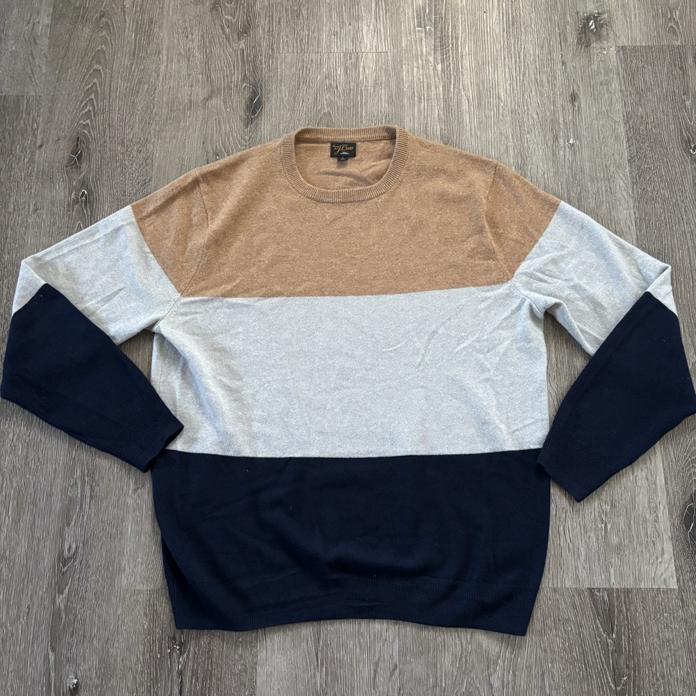 J. Crew Men's L 100% Cashmere Stripe Color block‎ Crew Pullover Sweater
